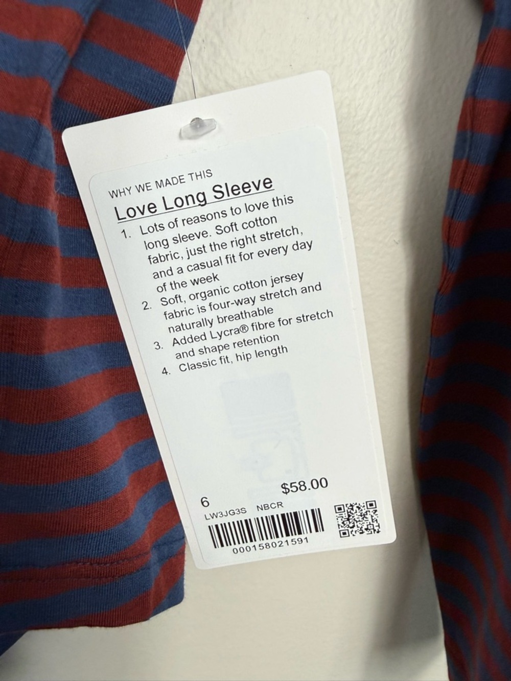 Lululemon Love Long Sleeve Womens 6 Red Blue Stripe Cotton LW3JG3S NWT Nautical - Picture 3 of 5